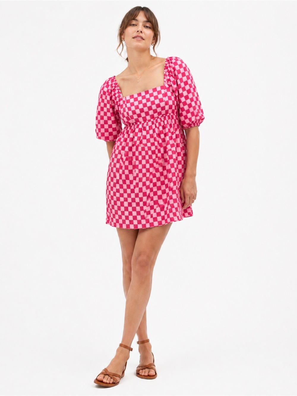 Moodie Pink Checker Square Neck Puff Sleeve Babydoll - Picture 1 of 10